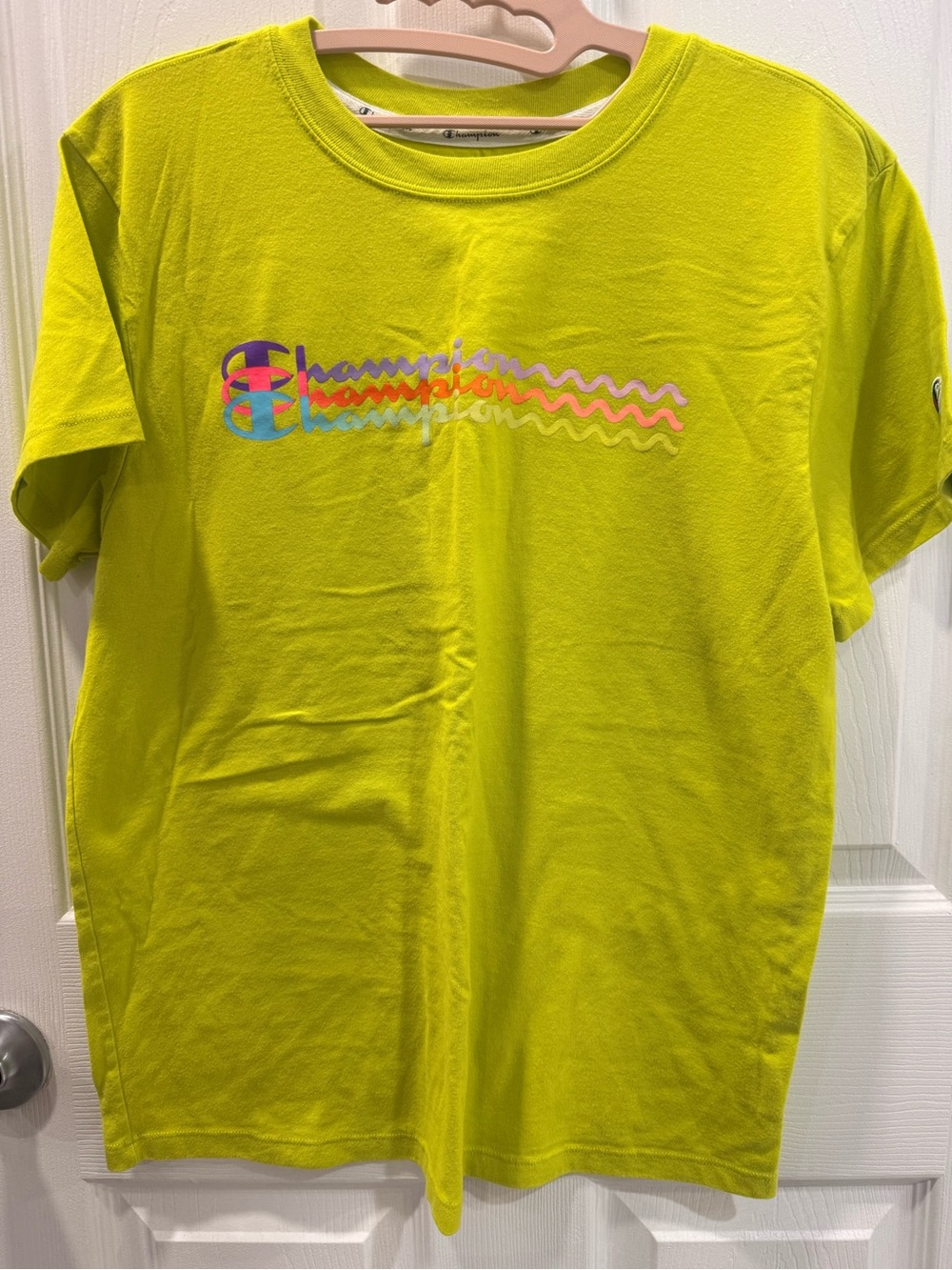 Champion Neon Yellow Graphic Tee with Multicolor Logo